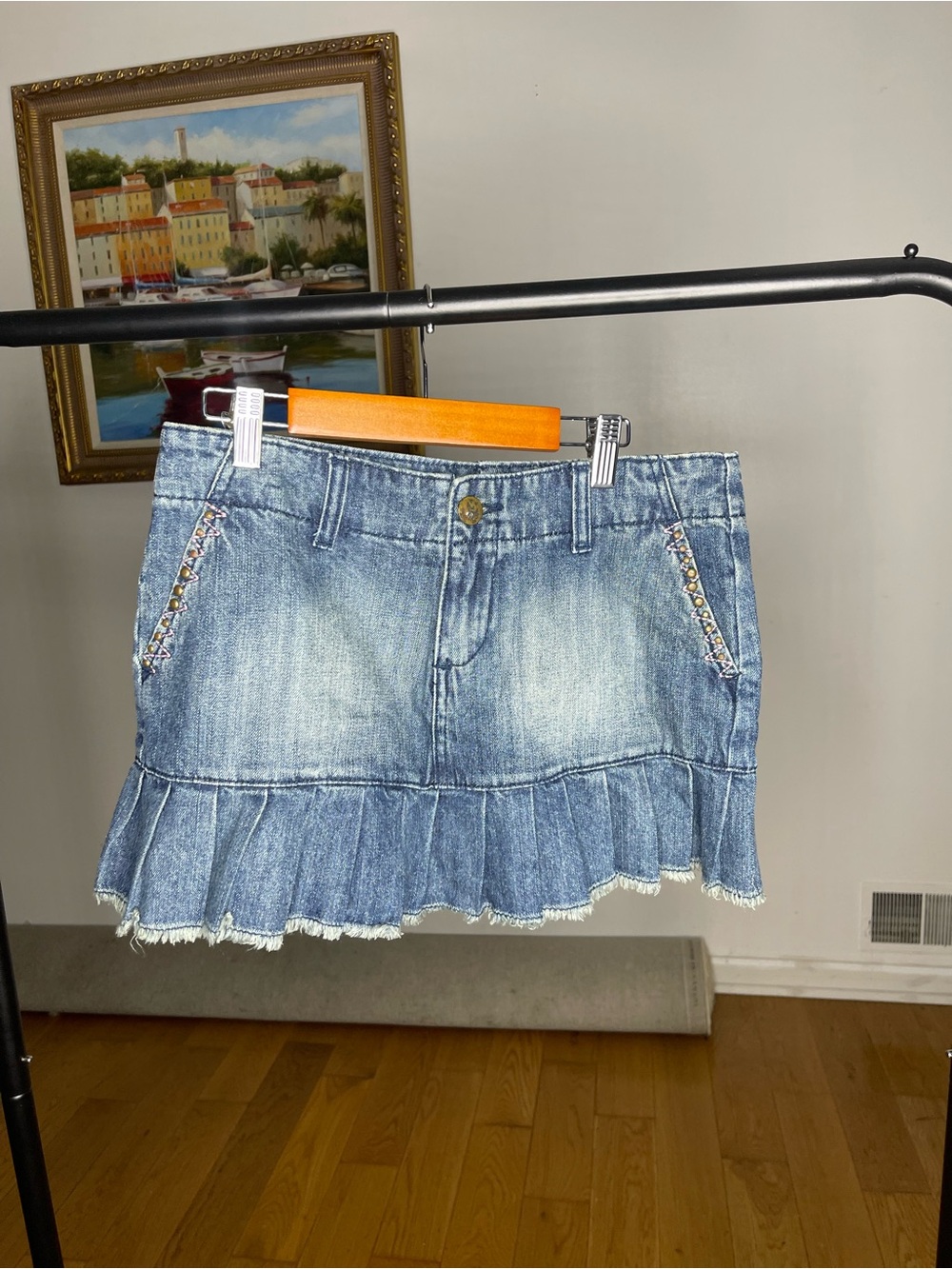 Y2K Beaded Pocket Ruffle Denim Mini Skirt - Blue